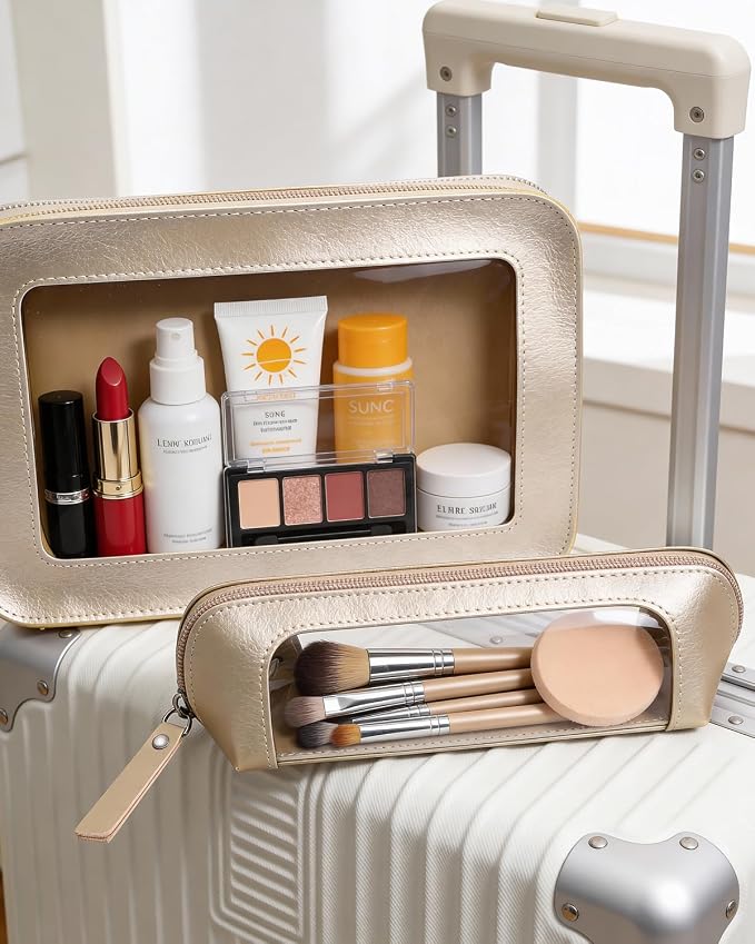 2Pack Clear Makeup Bags, Makeup Pouch for Purse Slim Make Up Brush Bag for Girls Car Accessories Essentials for Women(2Pack-Gold Set)