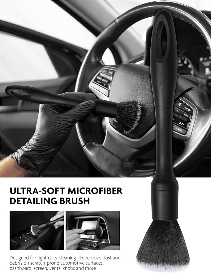 9PCS Car Interior Detailing Set, Microfiber Cloth & Applicator, Single-Head Detailing Brushes, Natural Bristles, Scratch-Free & Ultra-Soft for Seats Leather Care or Cleaning