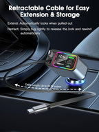 Retractable Car Charger USB C & Lightning, 107W Fast Charging Type-C Car Charger with Built-in Lightning Cable, Compatible with iPhone 17/16/15/Air, Samsung S24/S23/S22, Pixel 9/8/7 - Grey