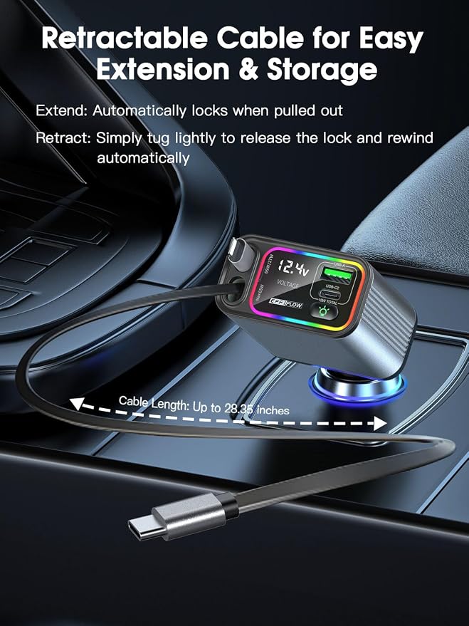 Retractable Car Charger USB C & Lightning, 107W Fast Charging Type-C Car Charger with Built-in Lightning Cable, Compatible with iPhone 17/16/15/Air, Samsung S24/S23/S22, Pixel 9/8/7 - Grey