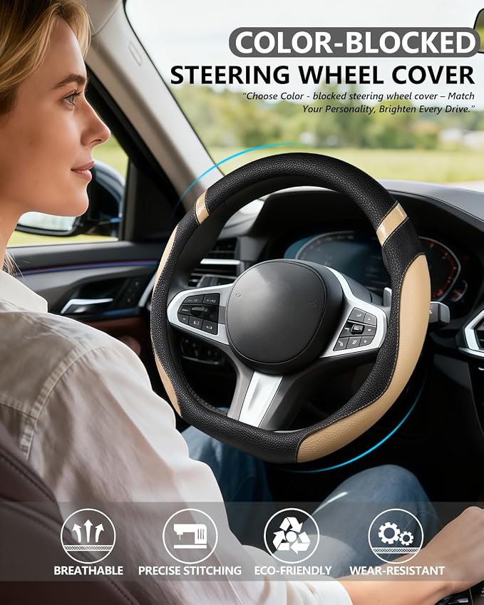 D-Shaped Flat Bottom Steering Wheel Cover for Women Girl - Stylish Car Accessory (Beige)