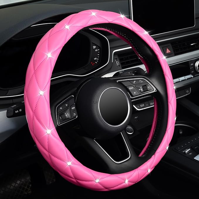 Diamond Leather Steering Wheel Cover with Bling Bling Crystal Rhinestones, Universal 15 inch,Dark Pink