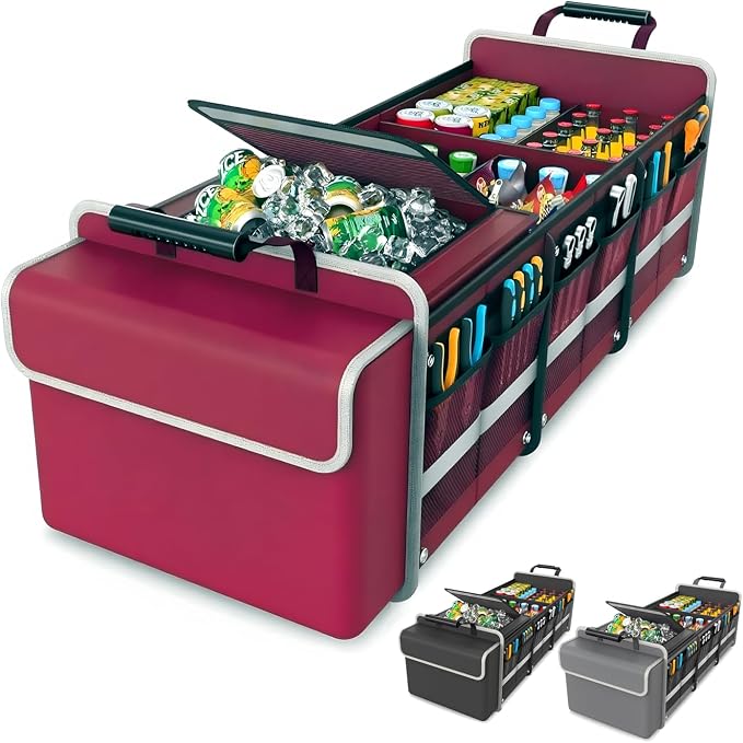 Large Trunk Organizer for SUV with Premium Portable Cooler Bag, Car Organizers and Storage with Foldable Cover, Collapsible Car Trunk Bed Organizer for Truck, 2 Retractable Straps, 90L+20L, Wine Red-C