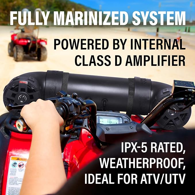 UTV4B ATV UTV Weatherproof Sound System - 4 Inch Speakers, 1 Inch Tweeters, Built-in Amplifier, Built-in Bluetooth, Easy Installation for 12 Volt Vehicles