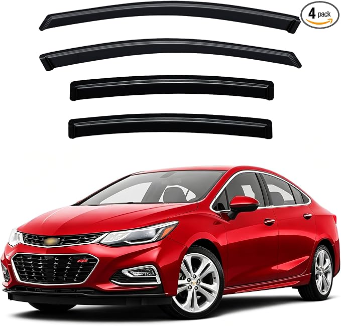 Rain Guards for 2016-2019 Chevrolet Chevy Cruze, Out-Channel Window Visor Shields Vent Deflector Shade Wind Dark Smoke 2017 2018 16 17 18 19, Tape-On Outside-Mount, 4PCS