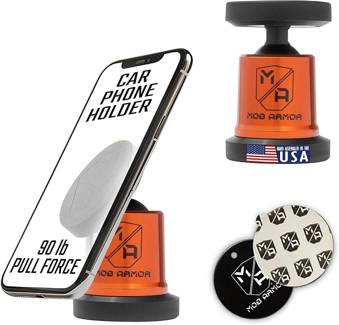 MobNetic Maxx - USA Assembled Magnetic Phone Holder for Car, Magnetic Car Phone Mount, 90-Degree Tilt, 360-Degree Rotation, Aluminum Metal, Compatible with iPhone & Android - Orange Chrome
