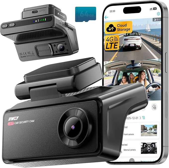 4G LTE Dash Cam with Live-Streaming, Anti-Theft Car Security Camera, Instant Alert via App, Cloud & SD Storage, 2K+1080P Front Inside, No Screen, IR Night Vision, 24/7 Parking Mode, GPS, OBD