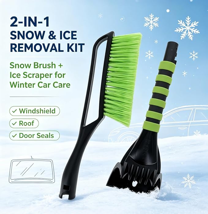 14-Inch Ice Scraper & Snow Brush Combo – Non-Slip Comfort Grip, Impact-Resistant ABS, -40°F Bristles, and Storage Bag Included – Must-Have Winter Tool for Vehicles