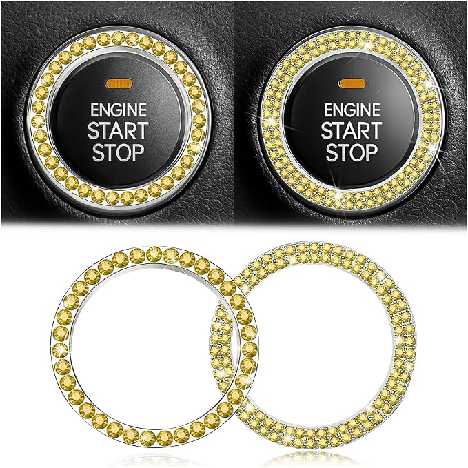 Bling Car Engine Start Ring Decals, 2PCS Crystal Rhinestone Vehicle Push Start Button Cover Sticker, Key Ignition Knob Ring, Sparkling Automotive Interior Accessories (Set Yellow)