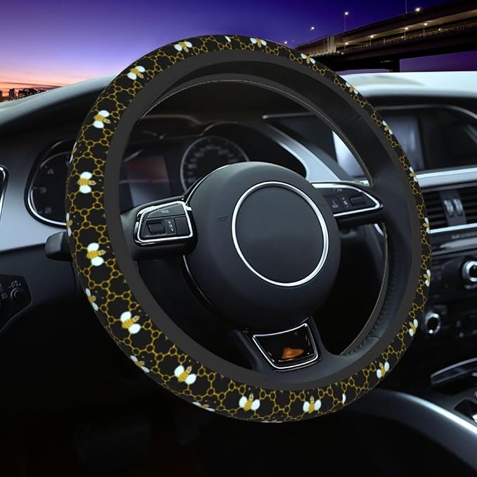 Bee Bee Keeper Cute Mini Yellow Honey Steering Wheel Cover Car Accessories Cute for Women Girls Girly Universal 15 Inch Neoprene Auto Interior Decor Anti Slip Car Truck Protector