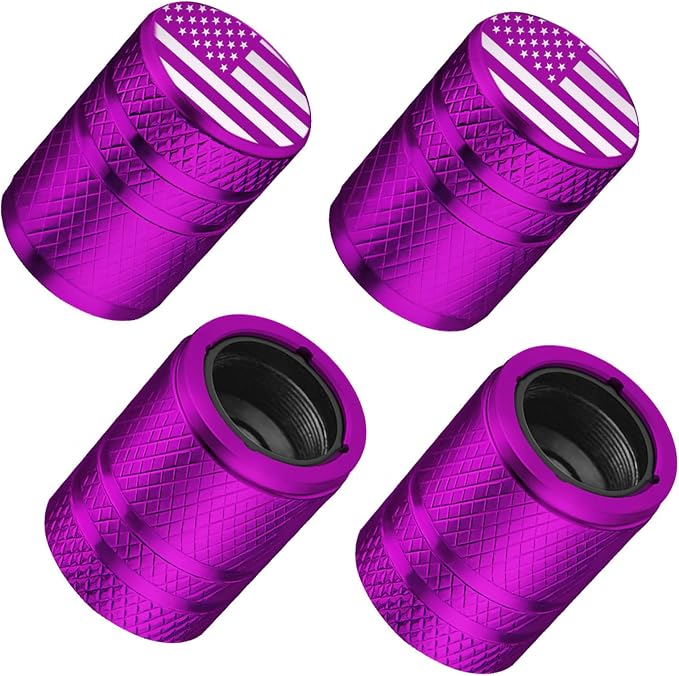 Tire Valve Stem Caps - (4 Pack) American Flag Metal Air Caps with Plastic Liner, Durable, Corrosion Resistant and Leak-Proof, Universal Fit for Cars, Trucks, Motorcycles, and Bikes - Purple