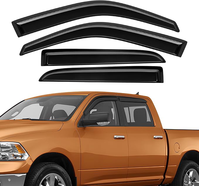 Rain Guards Fit for Dodge Ram 1500 Crew Cab 2009 2010 2011 2012 2013 2014 2015 2016 2017 2018, Tape-On Side Window Deflector Durable 2009-2018 Ram 1500 Crew Cab Rain Guard Black 4 PCS