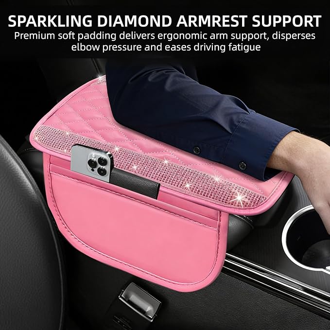 Bling Pink Car Center Console Cover, Leather Car Arm Rest Cover with 2 Storage Bags, Universal Auto Armrest Protector Storage Box, Pink Bling Accessories Interior for Most Vehicles