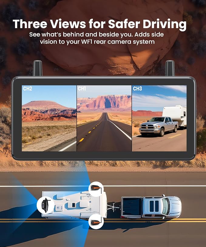 RV Backup Camera Wireless System: Left/Right Side Cameras | Adjustable Angle IR Night Vision, IP69K Waterproof, Works Only with WF1, for Class A/B/C Motorhome, 5th Wheel, Travel Trailer