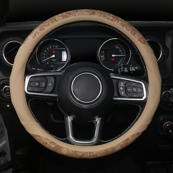 Wood Grain Steering Wheel Cover, Breathable Microfiber Leather, Non-Slip, Universal 14.5-15 inch Steering Wheel Accessory, Beige