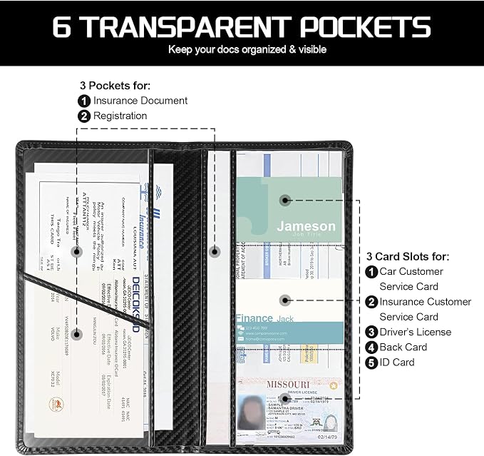 1Pack Car Registration and Insurance Holder,Car Document Holder for Cards License with Magnetic Shut,Vehicle Glove Box Car Organizer for Documents, Cards, License(Carbon Fiber Black)