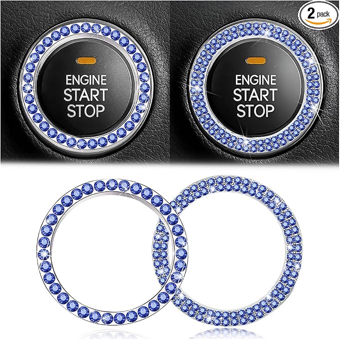 Car Bling Crystal Rhinestone Engine Start Ring Stickers, 1 Single Drainage Drill and 1 Double Drainage Drill Car Start Button Cover, Key Ignition Knob Bling Ring Decals, Car Accessories(Set Blue)