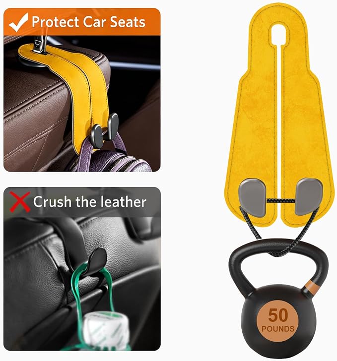 CoBak Purse Hook for Car - Universal Premium Stitched Leather and Aluminum-Magnesium Alloy Double Car Seat Back Storage Hook for Purses, Handbags, Bags (2 Pack),Bright Yellow