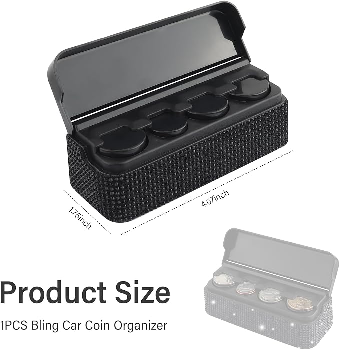 carleef Bling Coin Holder for Car,4 Compartment Car Organizers and Storage with Rhinestones Compatible with Quarter/Nickel/Pennies/Dimes,Universal Coin Organizer for Car Truck SUV (Black)