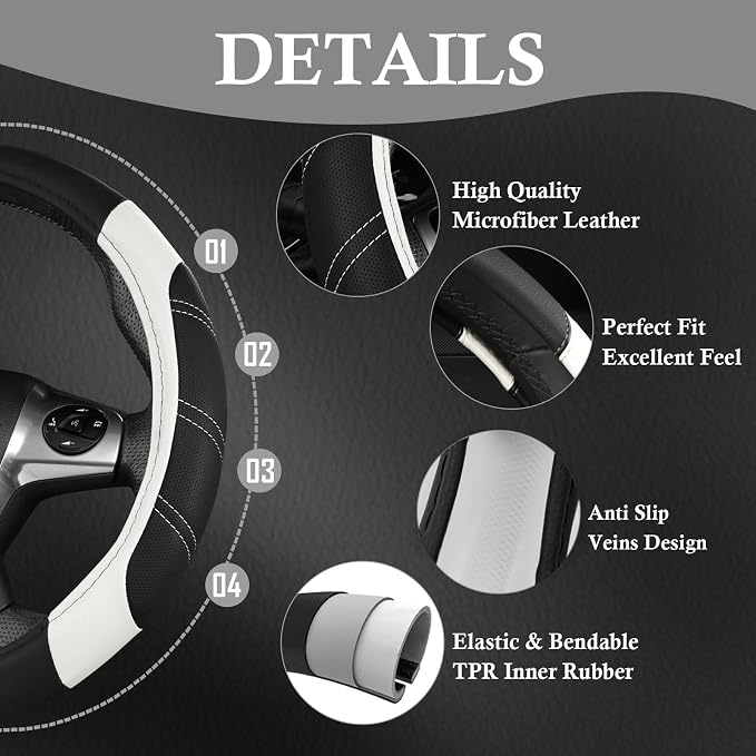 Leather Steering Wheel Cover and Waterproof Car Floor Mats, Microfiber Universal Car Combo Fit for 95% Sedan SUV Van,14.5-15 inch Sporty Anti-Slip Safety Comfortable Design, Black＆White