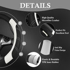 Leather Steering Wheel Cover and Waterproof Car Floor Mats, Microfiber Universal Car Combo Fit for 95% Sedan SUV Van,14.5-15 inch Sporty Anti-Slip Safety Comfortable Design, Black＆White