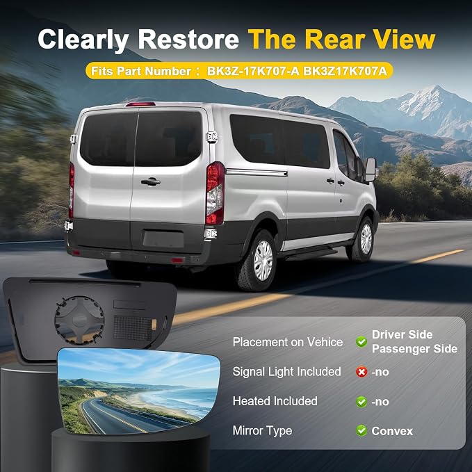 Driver and Passenger Lower Side Mirror Glass Compatible with 2015-2025 Ford Transit 150 250 350 2023-2025 E-Transit Replace BK3Z-17K707-A BK3Z17K707A