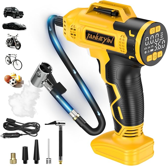 Portable Tire Inflator Air Compressor Compatible with Dewalt 20V Battery, DC 12V Car Power Supply, 160PSI Cordless Air Pump with LCD Pressure Gauge, LED Light, 5 Preset Modes for Car, Bike, Ball