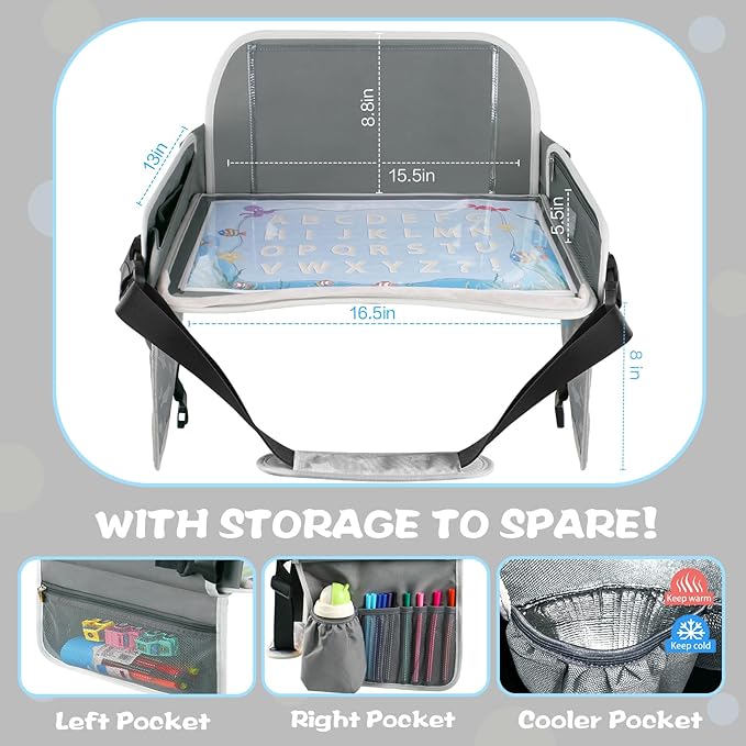Kids Travel Tray for Toddler Car Seat, Toddler Gift for Boy | Road Trip Essentials Accessories Lap Tray with Dry Erase Board, iPad Holder Stand & Cooler Cup Holder as Birthday Gift, Grey