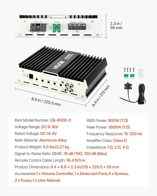 Monoblock Car Amplifier, 800W RMS MAX, 1/2/4 Ohm Stable, 1-Channel Class D Car Audio Amplifier with Remote Subwoofer Level Control, Low Pass Filter, Bass Boost & Phase Shift, Volume Controller