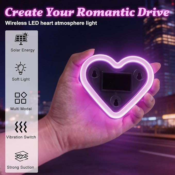 Upgrade Car Light LED Ambient Lights Heart Solar Lights Solar-Powered Heart-Shaped Neon Lights for Car Window Decorative 5 Modes Interior Outdoor Decor (Pink)