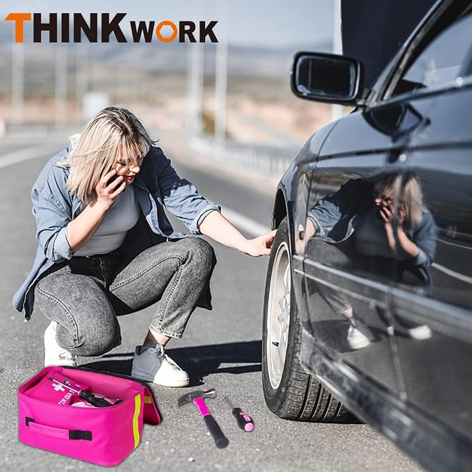 Car Emergency Kit for Teen Girl and Lady's Gifts, Pink Emergency Roadside Assistance kit with Pink Car Tool Set, 10FT Jumper, First Aid Kit, and More Ideal Pink Car Accessories Tool - E8