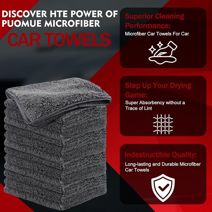 12 Pack Microfiber Cleaning Cloth for Cars, 12" X 12" Car Microfiber Towels, Soft, Absorbent and Lint Free Cleaning Cloth, Premium Wash Cloth for Car,Window and Household, Dark Grey