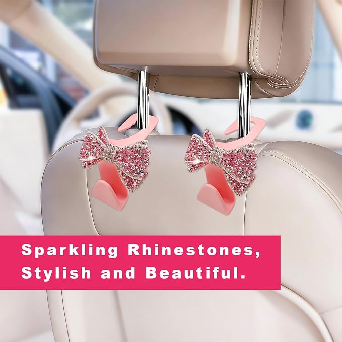 2PCS Bling Bow Car Seat Headrest Hooks, S-Type Crystal Auto Rear Seat Organizer for Handbags Purses Groceries, Cute Rhinestone Bow Seats Back Storage Hook for SUV Truck Sedan (Pink)