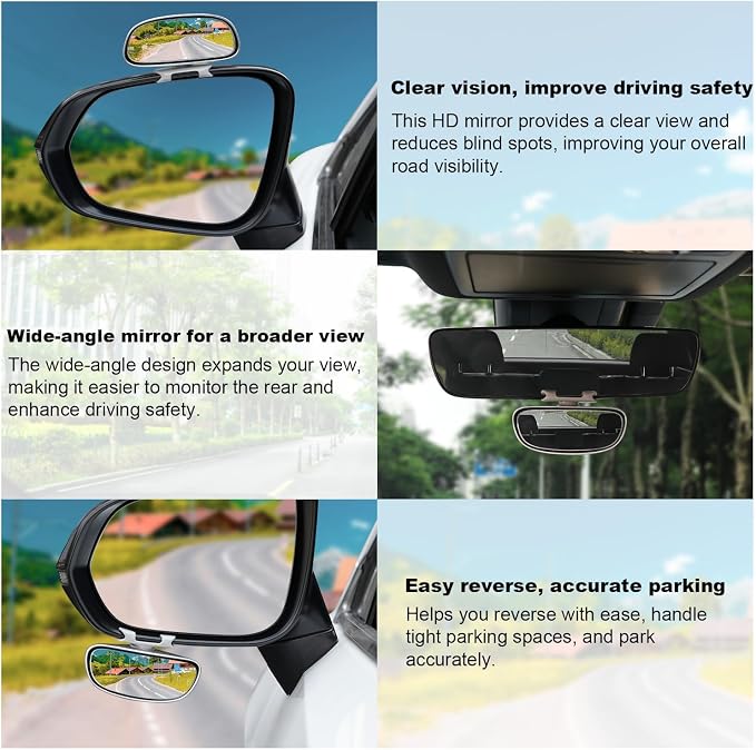 Clip on Blind Spot Mirror, HD Glass Frameless Convex Rear View Mirrors Exterior Accessories with Wide Angle Adjustable Stick for Car SUV and Trucks, Silver