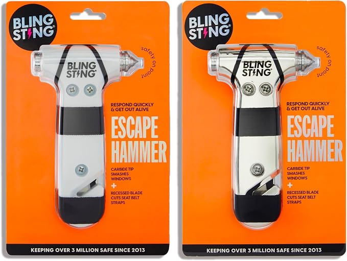 Glammer Safety Hammer - Emergency Automotive Escape Hammer Tool, Seat Belt Cutter & Car Window Break Tool - White & Silver, 2 Count