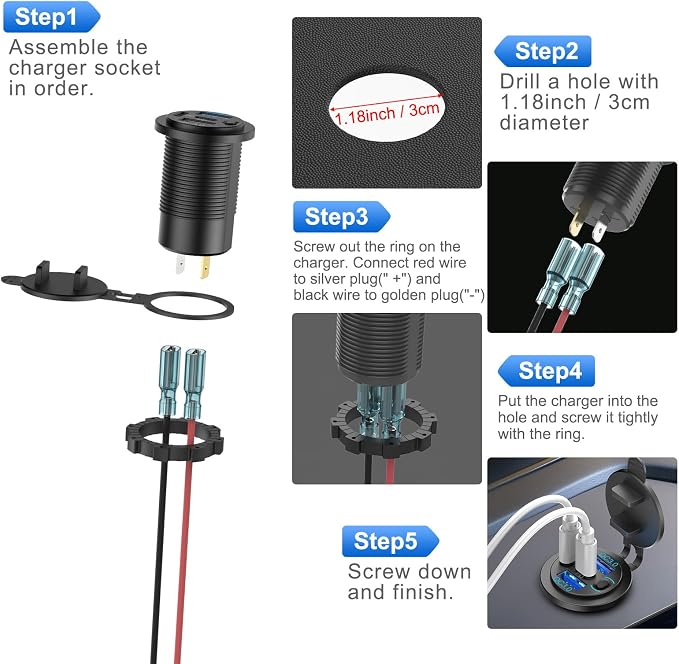 78W 4 Port 12V USB Outlet Car Charger, Super Fast Dual PD3.0 & QC3.0 Multiple USB Port for Car, USB C Cigarette Lighter Replacement 12 Volt Socket Waterproof for Marine Boat Motorcycle RV Golf Cart