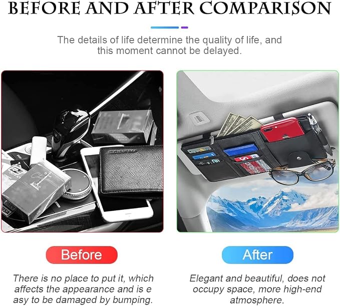 Car Sun Visor Organizer, Leather Storage Pocket Sun Visor Pouch with Zipper for Cards License Registration Pen Glasses Document, Fits Most Car SUV, Auto Interior Accessories (Black)