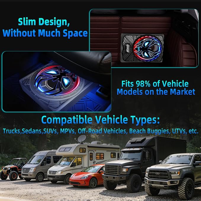 1600W Slim Underseat subwoofers 10" Powered Sub with Amp Package | RGB Ambient Lights, Individual Controls (LPF/Gain/Bass Boost), Distortion-Free Deep Bass, Universal Fit for All Vehicle Models
