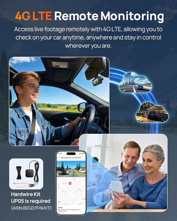 A810 Lite 4K Dash Cam Front and Rear, 5GHz Wi-Fi 6 DashCam, Car Camera 4G LTE Remote Access, GPS Tracking, HDR Night Vision, 24H Parking Mode, Voice Control, Emergency Lock, Loop Recording