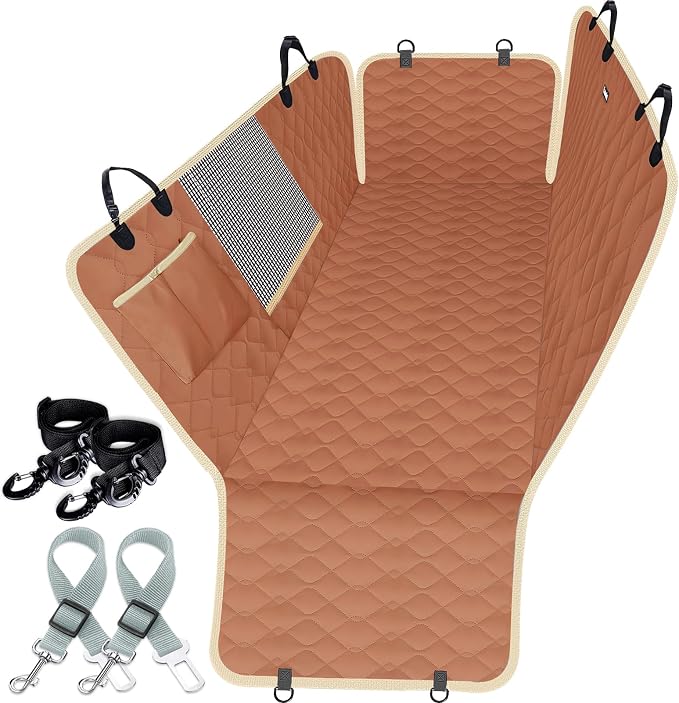 Dog Car Seat Covers for Back Seat with 2 Seat Belts, Waterproof Dog Car Hammock with Mesh Window Durable Scratch Proof Nonslip Pet Carseat Covers Universal Fit Protector for Cars, Trucks & SUVs