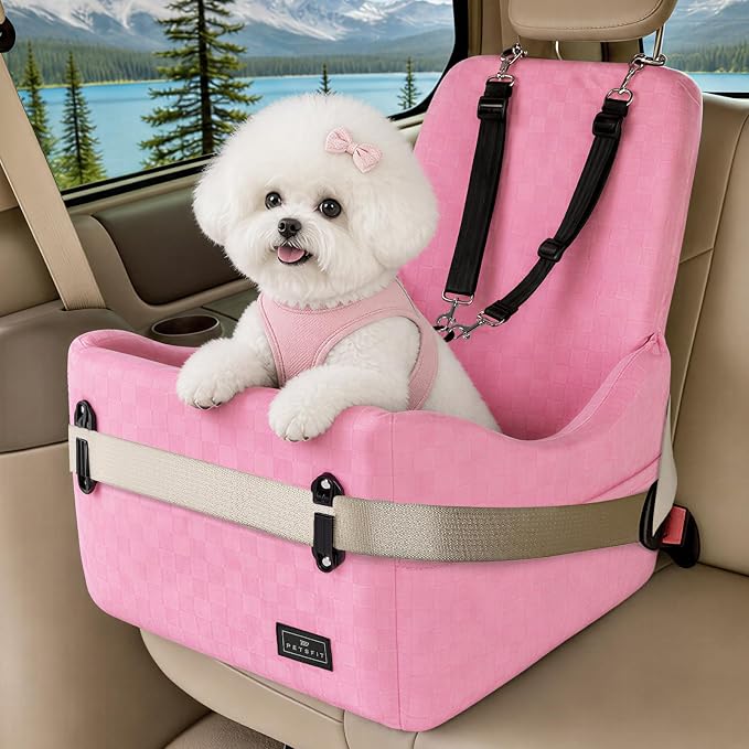 Dog Car Seat for Small/Medium Dogs Up to 35 lbs – Patented Safety System, 5" Memory Foam Pet Booster Car Seat, Fully Detachable and Washable Dog Carseat with 2 Storage Pockets (Pink)
