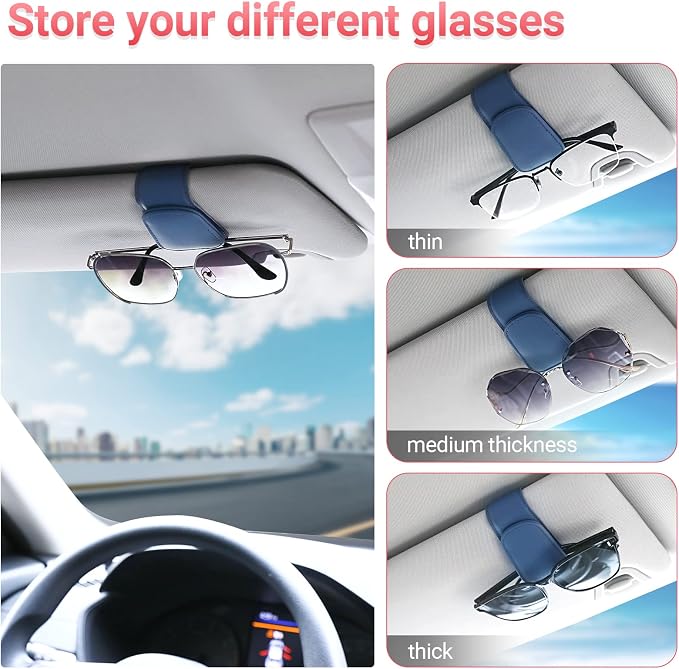 Sunglass Holder for Car Visor Sunglasses Clip Magnetic Leather Glasses Eyeglass Holder Truck Car Interior Accessories Universal for Woman Man -Blue