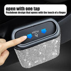 Bling Car Trash Can with Lid, Crystal Rhinestones Leakproof Auto Garbage Hanging Container Bin, Multipurpose Diamond Dustbin Storage Organizer, Universal Vehicle Accessories (White)