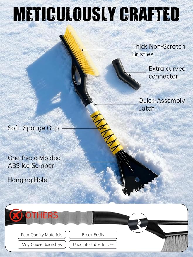 27" Snow Brush and Ice Scrapers for Car Windshield, Yellow, 2 Pack | Detachable Windshield Scraper, Snow Removal Tool with Curved Connector & Ergonomic Foam Grip for Cars, Trucks, SUVs