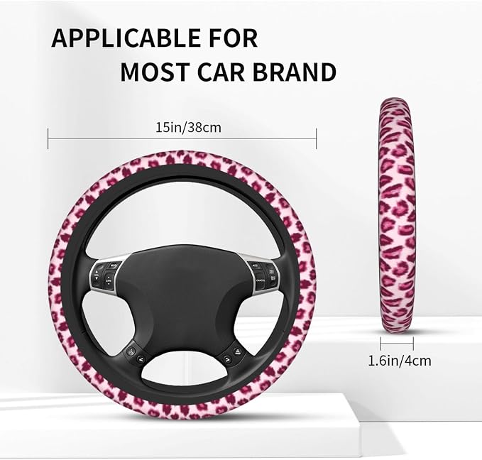 Pink Leopard Pattern Steering Wheel Cover Pink Cheetah Pattern Steering Wheel Cover Anti-Slip Breathable 15 Inch Universal 2 Pcs Car Interior Cup Holder Pad for Men Women