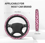 Pink Leopard Pattern Steering Wheel Cover Pink Cheetah Pattern Steering Wheel Cover Anti-Slip Breathable 15 Inch Universal 2 Pcs Car Interior Cup Holder Pad for Men Women