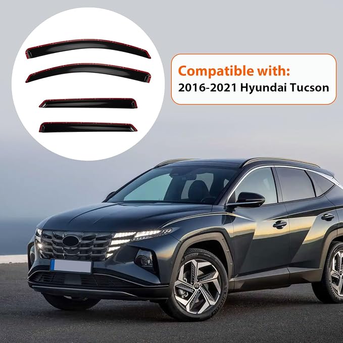 Rain Guards Compatible with 2016-2021 Hyundai Tucson, Set of 4 Front+Rear Tape-On Side Window Visor Wind Deflector Vent Visors Car Accessories