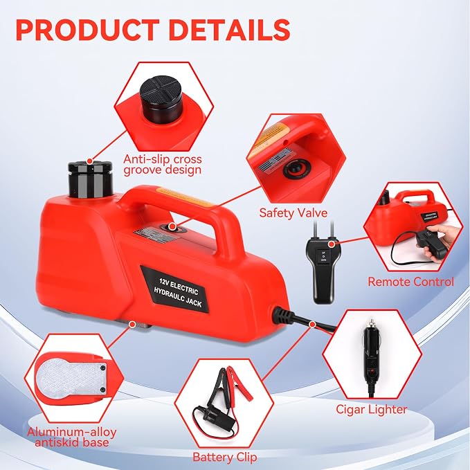 Electric Hydraulic Car Jack Kit 5 Ton 12V Ultra-Portable Auto Car Lift with 17.7 Inch Range for SUV Sedan Truck Repair Floor Jack for Tire Change Lightweight for Easy Storage