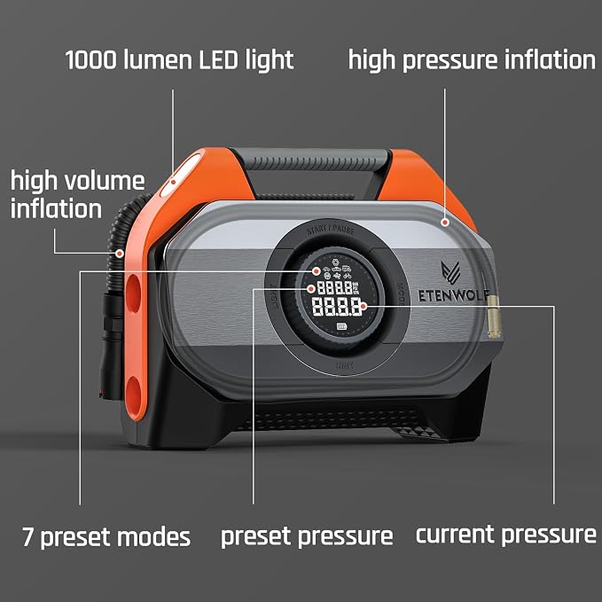 VORTEX S6 Tire Inflator Portable Air Compressor for Heavy-duty Vehicle, Cordless Air Pump for Car & Inflatables with 19200 mAh Battery, 100% Duty Cycle & Dual Cylinder Bike Pump, Vivid Orange
