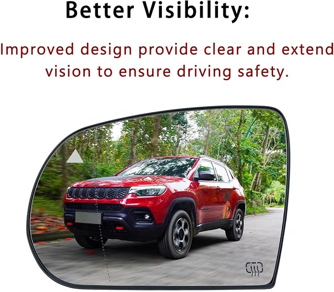 Blind Spot Driver Side Mirror Replacement for Jeep Cherokee 2014-2019 Jeep Compass 2017-2021, Left Exterior Side Rearview Mirrors Glass, with Backing Plate, Power Heated,Blind Spot Detection